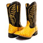 Bota Texana Masculina Bico Quadrado Cano Padrão Couro Bovino Legítimo Avestruz Laranja e Floater Preto