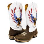 Bota Texana Masculina Couro Legítimo Bovino Crazy Horse Café e Floater Branco Águia Salto Carrapeta