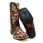 Bota Texana Feminina Bordado Cruz Rosa Couro Nobuck Café