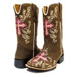 Bota Texana Feminina Bordado Cruz Rosa Couro Nobuck Café