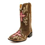 Bota Texana Feminina Bordado Cruz Rosa Couro Nobuck Café