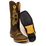 Bota Texana Masculina Couro Legítimo Mustang Café e Crazy Horse Preto Bordado Raio Laranja
