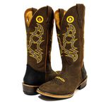 Bota Texana Masculina Couro Legítimo Mustang Café e Crazy Horse Preto Bordado Raio Laranja