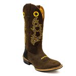 Bota Texana Masculina Couro Legítimo Mustang Café e Crazy Horse Preto Bordado Raio Laranja