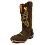 Bota Texana Masculina Couro Legítimo Mustang Café e Crazy Horse Preto Bordado Raio Laranja
