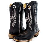 Bota Texana Masculina Cano Padrão Couro Legítimo Bovino Látego Preto Bordado Cruz Salto Carrapeta