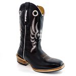 Bota Texana Masculina Cano Padrão Couro Legítimo Bovino Látego Preto Bordado Cruz Salto Carrapeta