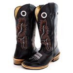Bota Texana Masculina Couro Legítimo Bovino Látego Preto Bordado Linha Solado Carrapeta 