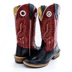 Bota Texana Masculina Couro Legítimo Bovino Tubarão Preto e Fóssil Vinho Solado Carrapeta 