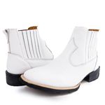 Botina Masculina Bico Quadrado Couro Bovino Legítimo Floater Branco Bordado Florão