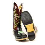 Bota Texana Masculina Couro Legítimo Bovino Tubarão Preto e Fóssil Vinho Bordado Linha Salto Carrapeta