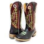 Bota Texana Masculina Couro Legítimo Bovino Tubarão Preto e Fóssil Vinho Bordado Linha Salto Carrapeta