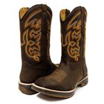 Bota Texana Masculina Couro Legítimo Mustang Café Bordado Linha Laranja Solado Jump 