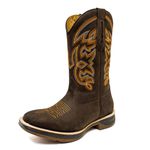 Bota Texana Masculina Couro Legítimo Mustang Café Bordado Linha Laranja Solado Jump 