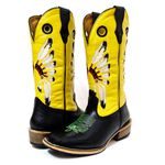 Bota Texana Masculina Couro Legítimo Bovino Tubarão Preto e Fly Amarelo Cocar Salto Carrapeta