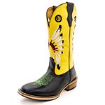 Bota Texana Masculina Couro Legítimo Bovino Tubarão Preto e Fly Amarelo Cocar Salto Carrapeta