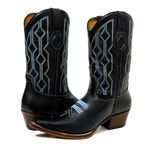 Bota Texana Masculina Bico Fino Couro Bovino Legítimo Látego Preto Bordado Geométrico Azul 