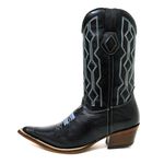 Bota Texana Masculina Bico Fino Couro Bovino Legítimo Látego Preto Bordado Geométrico Azul 