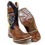 Bota Texana Masculina Couro Legítimo Crazy Horse Sela e Látego Preto Bordado Caveira Cocar Solado Jump