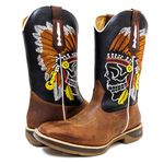 Bota Texana Masculina Couro Legítimo Crazy Horse Sela e Látego Preto Bordado Caveira Cocar Solado Jump