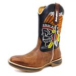 Bota Texana Masculina Couro Legítimo Crazy Horse Sela e Látego Preto Bordado Caveira Cocar Solado Jump