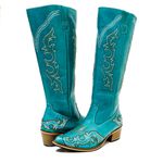 Bota Over Montaria Feminina Couro Legítimo Bovino Azul Turquesa Bordado Linha