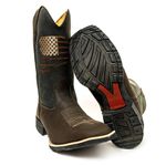 Bota Texana Masculina Cano Padrão Couro Legítimo Bovino Mustang Café e Preto Bordado Eua Solado Borracha
