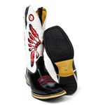 Bota Texana Masculina Couro Legítimo Bovino Látego Preto e Branco Cocar Vermelho Salto Carrapeta