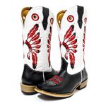Bota Texana Masculina Couro Legítimo Bovino Látego Preto e Branco Cocar Vermelho Salto Carrapeta