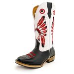 Bota Texana Masculina Couro Legítimo Bovino Látego Preto e Branco Cocar Vermelho Salto Carrapeta