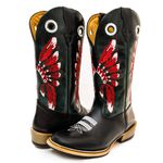 Bota Texana Masculina Couro Legítimo Bovino Látego Preto e Fóssil Verde Salto Carrapeta Cocar Vermelho