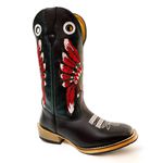 Bota Texana Masculina Couro Legítimo Bovino Látego Preto e Fóssil Verde Salto Carrapeta Cocar Vermelho