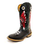 Bota Texana Masculina Couro Legítimo Bovino Látego Preto e Fóssil Verde Salto Carrapeta Cocar Vermelho