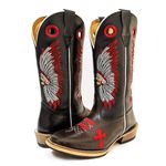 Bota Texana Masculina Couro Legítimo Pull Up Brow e Látego Preto Cocar Vermelho Salto Carrapeta