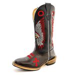 Bota Texana Masculina Couro Legítimo Pull Up Brow e Látego Preto Cocar Vermelho Salto Carrapeta