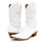 Bota Texana Masculina Bico Fino Couro Bovino Legítimo Floater Branco Bordado Linha Solado Natural