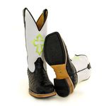Bota Texana Masculina Couro Legítimo Bovino Avestruz Preto e Floater Branco Bordado Cruz Salto Carrapeta