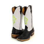 Bota Texana Masculina Couro Legítimo Bovino Avestruz Preto e Floater Branco Bordado Cruz Salto Carrapeta
