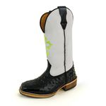 Bota Texana Masculina Couro Legítimo Bovino Avestruz Preto e Floater Branco Bordado Cruz Salto Carrapeta