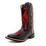 Bota Texana Masculina Cano Padrão Couro Bovino Legítimo Látego Preto Cocar Vermelho 