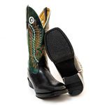 Bota Texana Masculina Couro Legítimo Bovino Tubarão Preto e Fóssil Azul Bordado Asa Salto Carrapeta Preto