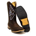 Bota Texana Masculina Cano Padrão Couro Legítimo Bovino Mustang Café Bordado Asa Azul Solado Couro