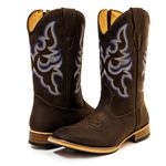 Bota Texana Masculina Cano Padrão Couro Legítimo Bovino Mustang Café Bordado Asa Azul Solado Couro