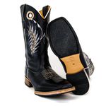 Bota Texana Masculina Cano Padrão Couro Legítimo Bovino Látego Preto Bordado Asa