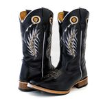 Bota Texana Masculina Cano Padrão Couro Legítimo Bovino Látego Preto Bordado Asa