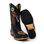Bota Texana Masculina Cano Padrão Couro Legítimo Bovino Látego Preto Bordado Boi Salto Carrapeta
