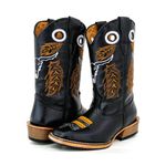 Bota Texana Masculina Cano Padrão Couro Legítimo Bovino Látego Preto Bordado Boi Salto Carrapeta