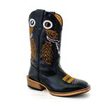 Bota Texana Masculina Cano Padrão Couro Legítimo Bovino Látego Preto Bordado Boi Salto Carrapeta