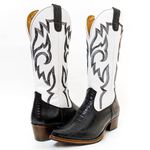 Bota Texana Feminina Country Couro Legítimo Bovino Jacaré Envelhecido Preto e Floater Branco Bordado Linha