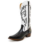 Bota Texana Feminina Country Couro Legítimo Bovino Jacaré Envelhecido Preto e Floater Branco Bordado Linha